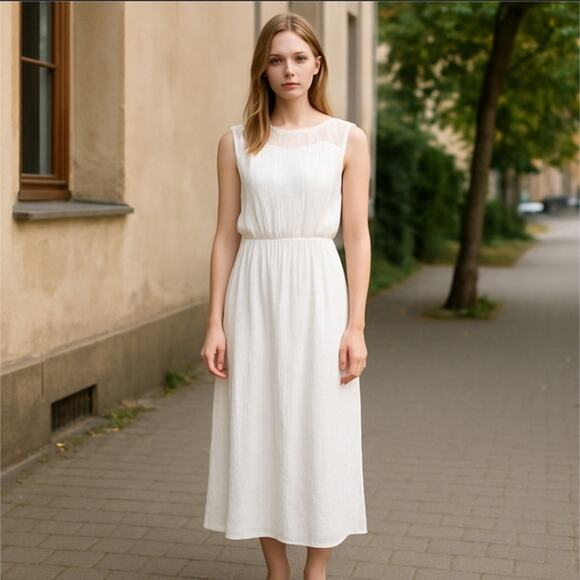 AB Studio White Pleated Maxi Dress Embroidered Neckline Waterfall Hem Size M - Picture 2 of 12